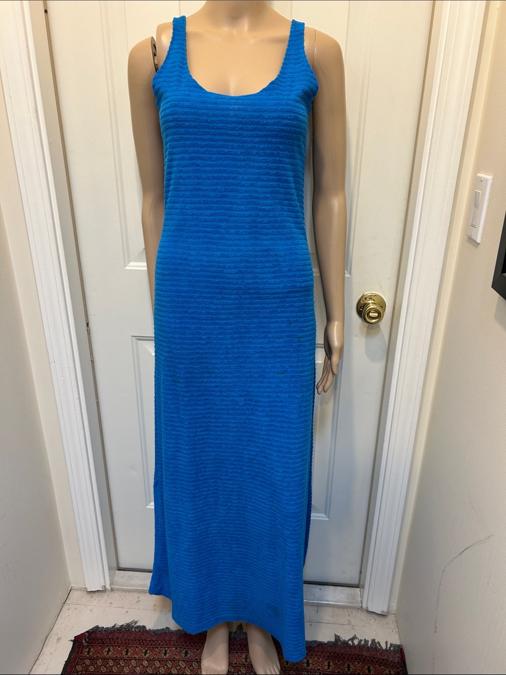 Vintage 70s Bright Blue Ribbed Terrycloth Maxi Slip Dress Scoop Neck Side Slit